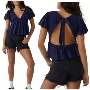 FREE PEOPLE Charlotte Open Back V-Neck Peplum Blouse Navy Blue